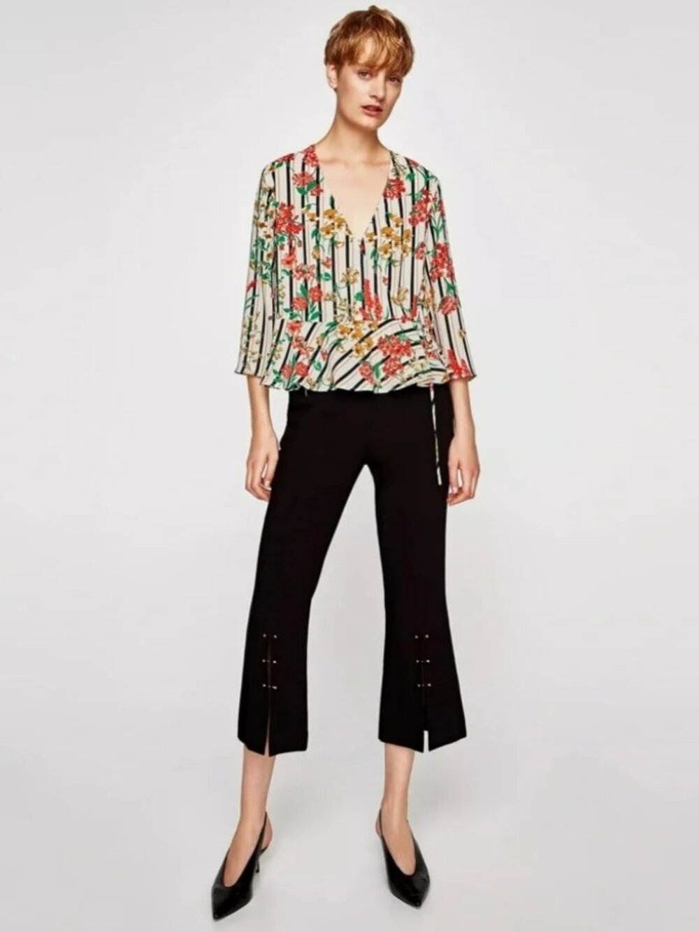 ZARA floral striped wrap blouse bell sleeves women’s Size Medium
